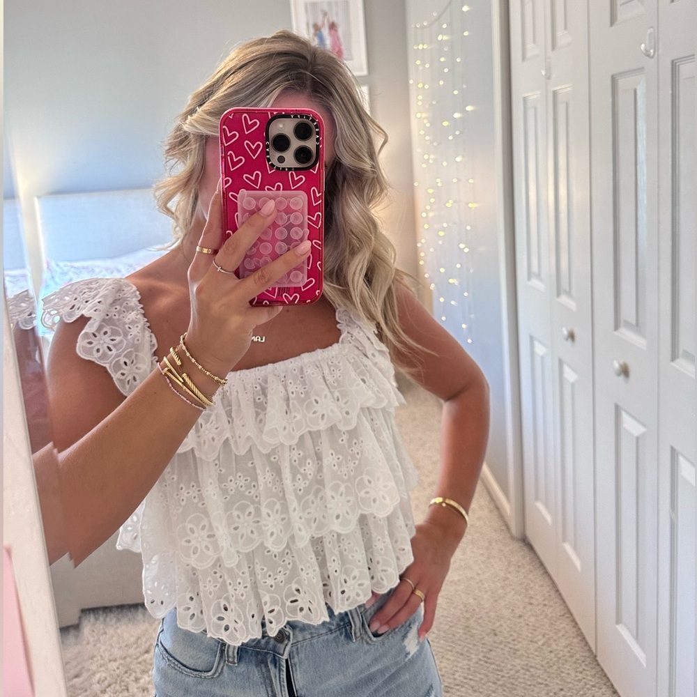 white ruffle top